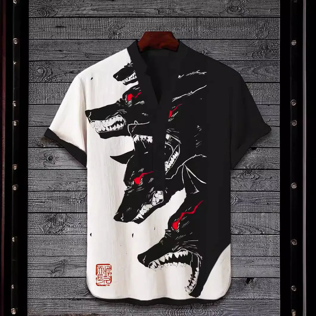 Men's 3D digital animal print short sleeve shirt in polyester fabric showing graphic design detail