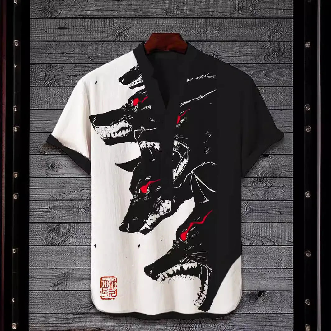 Men's 3D digital animal print short sleeve shirt in polyester fabric showing graphic design detail
