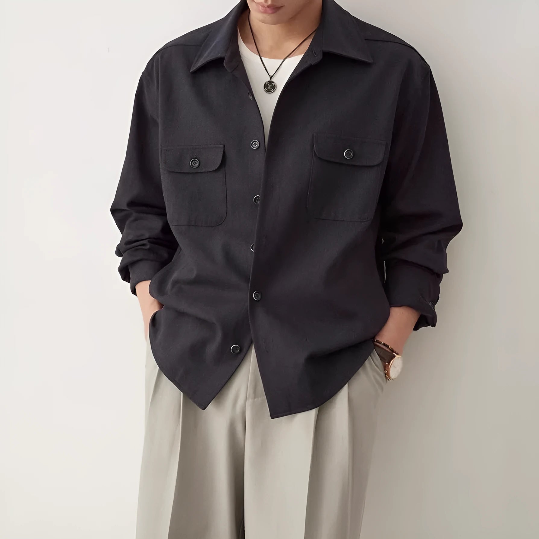 Men's cotton blend long sleeve shirt with simple lapel design in light sand rice colour
