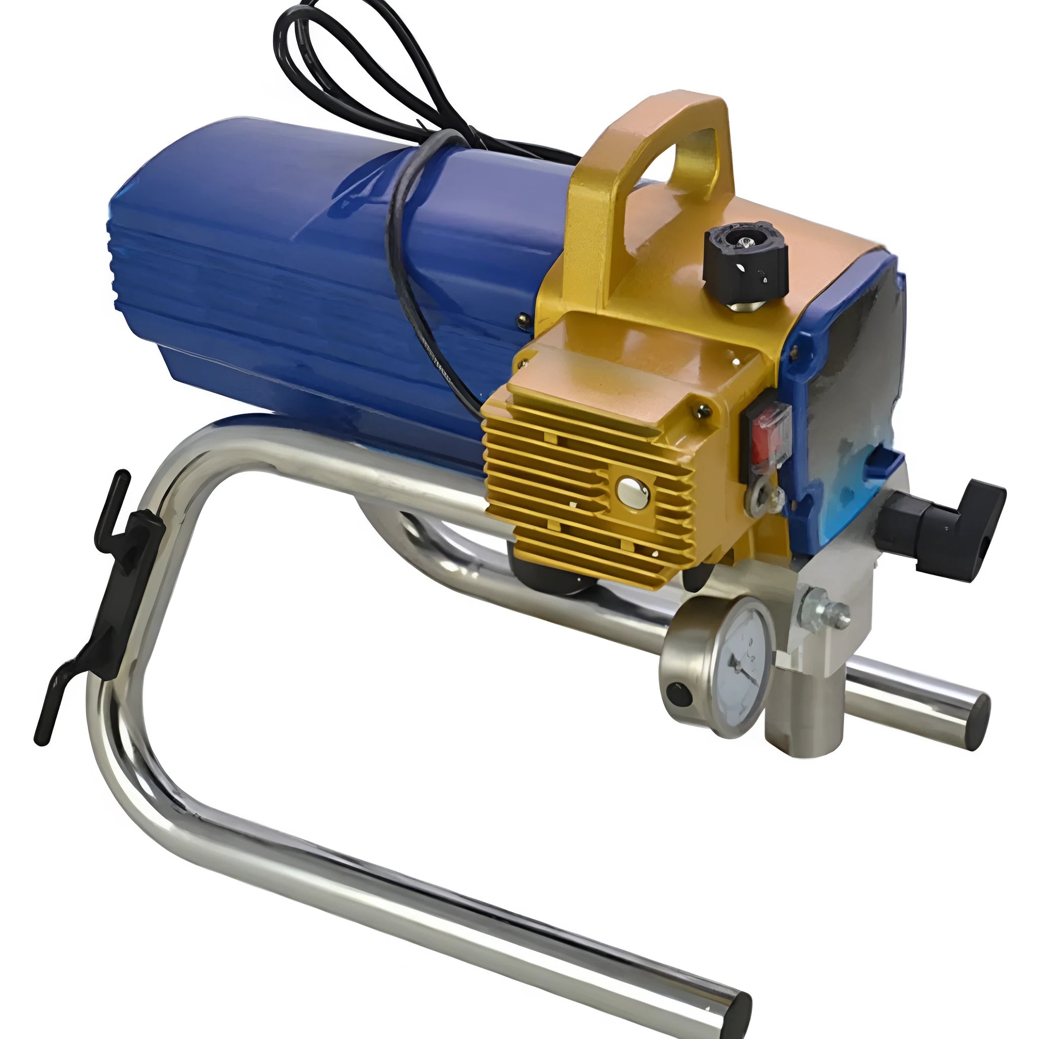 Portable blue electric airless spraying machine with spray gun and accessories on a workbench.