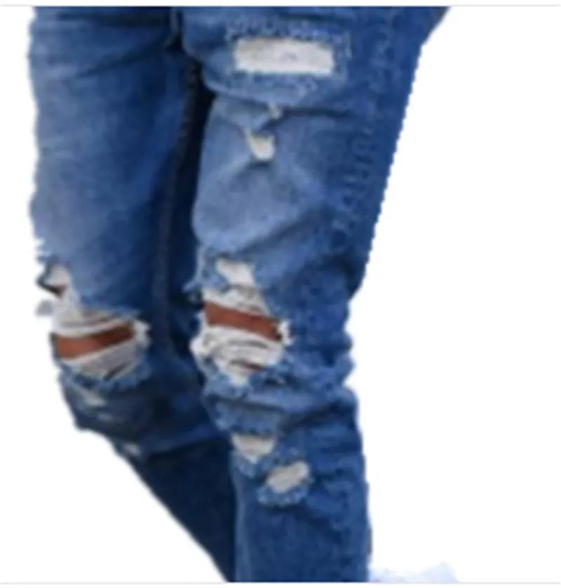 Men's deep blue cotton jeans with distressed hole details on the legs