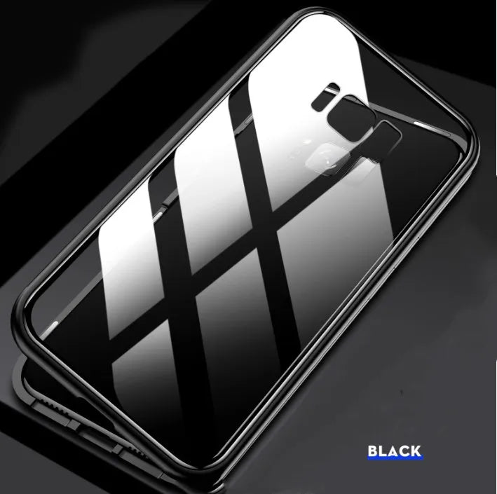 Anti-peeping magnetic phone case for Samsung with double-sided glass and metal frame in solid black colour