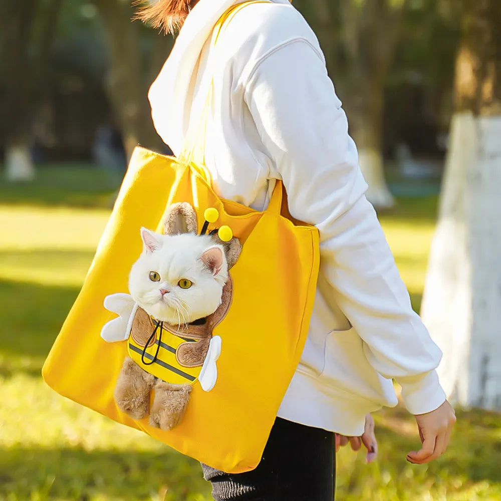 Canvas pet shoulder bag with cartoon pattern for small dog or cat transportation