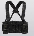 Camouflage nylon expandable chest harness with accessory storage pouch for shooting sports
