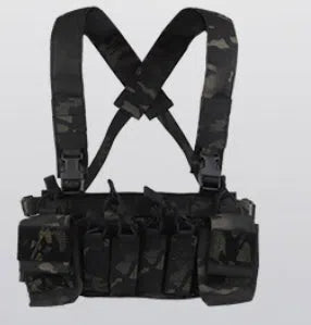 Camouflage nylon expandable chest harness with accessory storage pouch for shooting sports
