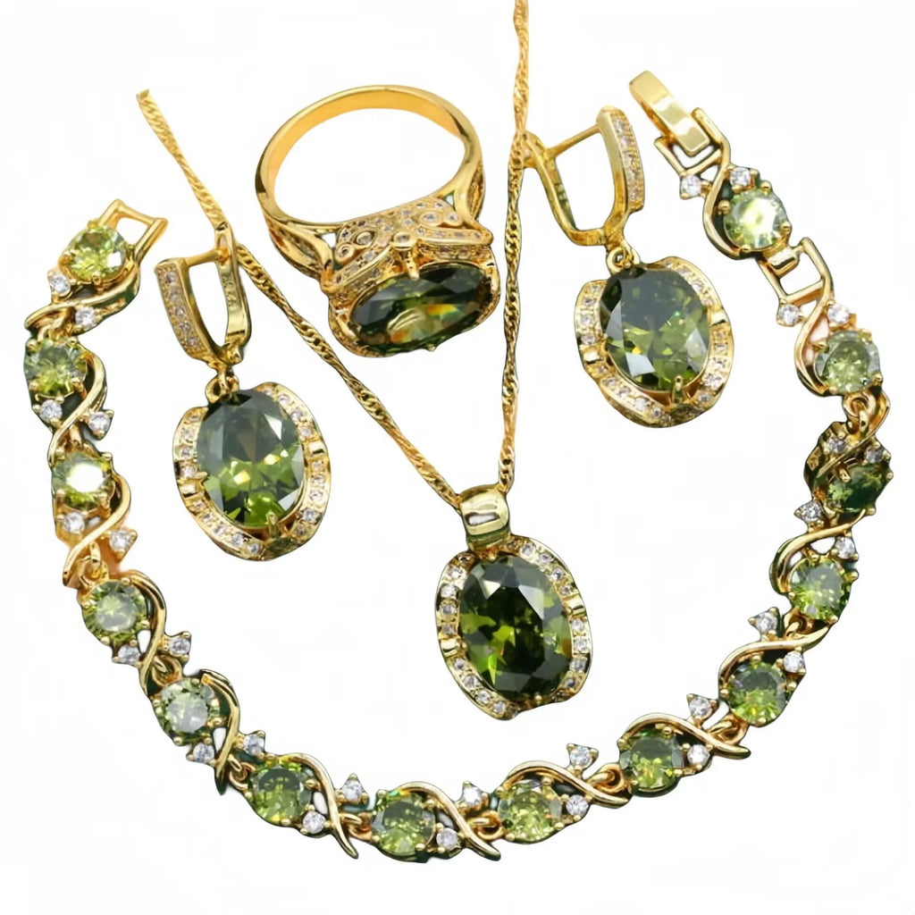 Women's rhinestone zircon jewellery set with snake bones chain and copper inlay in olive green or red colour