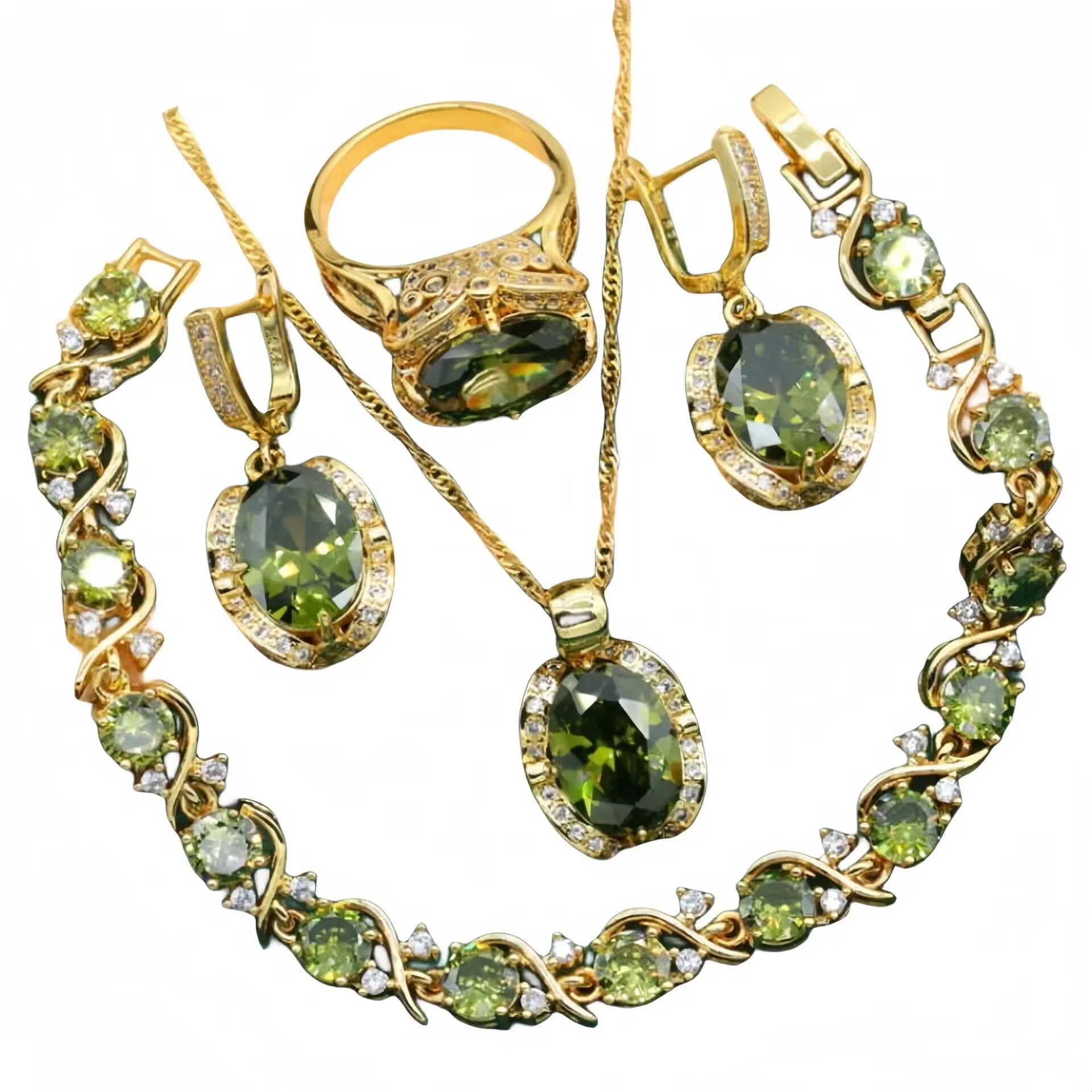 Women's rhinestone zircon jewellery set with snake bones chain and copper inlay in olive green or red colour