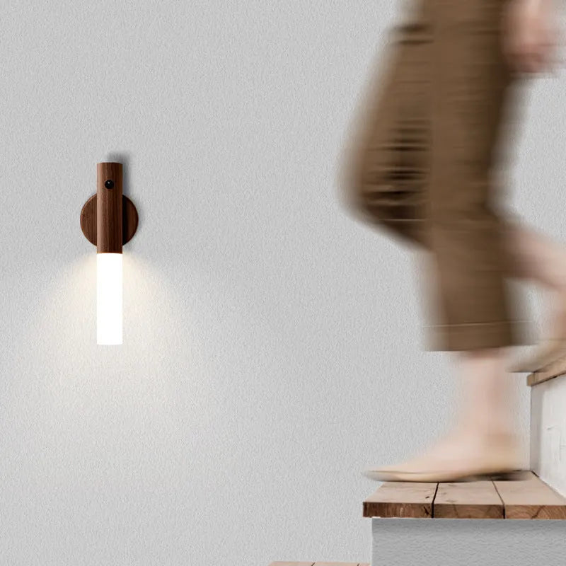 Solid wood smart sensor LED desk lamp showing coffee colour finish and compact dimensions