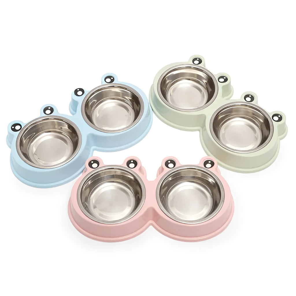Stainless steel pet double bowl in frog shape for feeding and drinking water