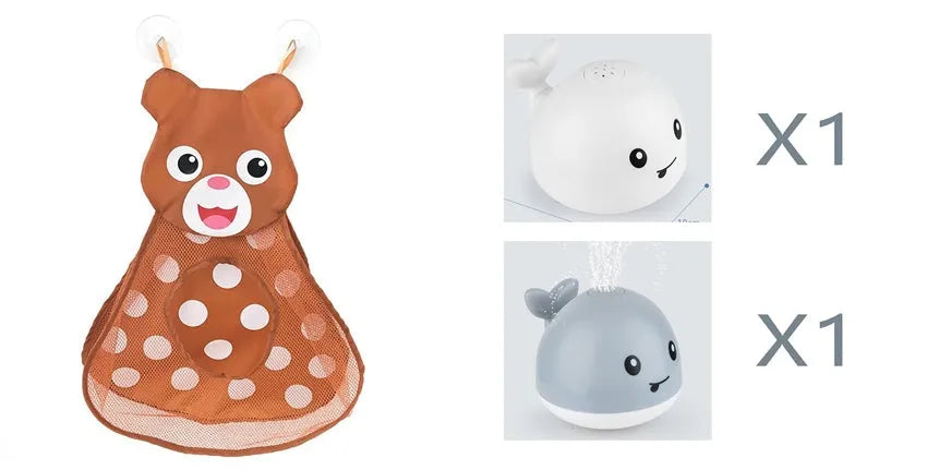 Electric whale bath toy with automatic water spray and flashing lights on a base