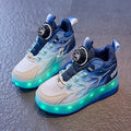 Blue children's roller skates with flash knob adjustment system and striped pattern