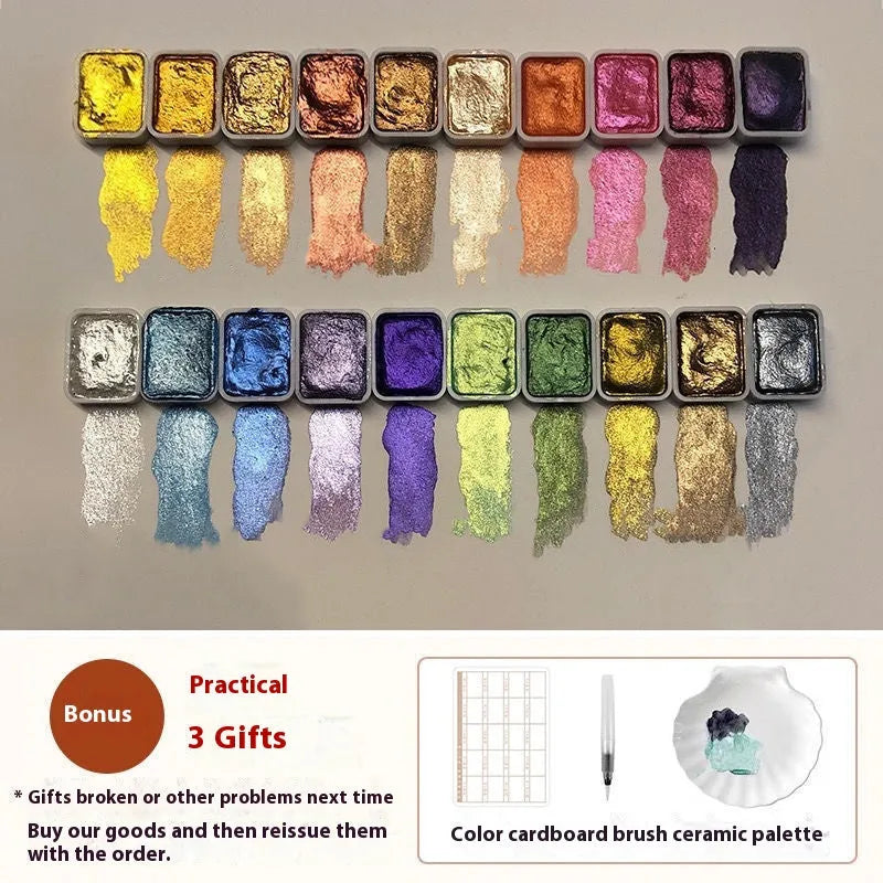 Traditional Chinese painting mineral pearlescent watercolour set showing 20 colours in tubes and pots