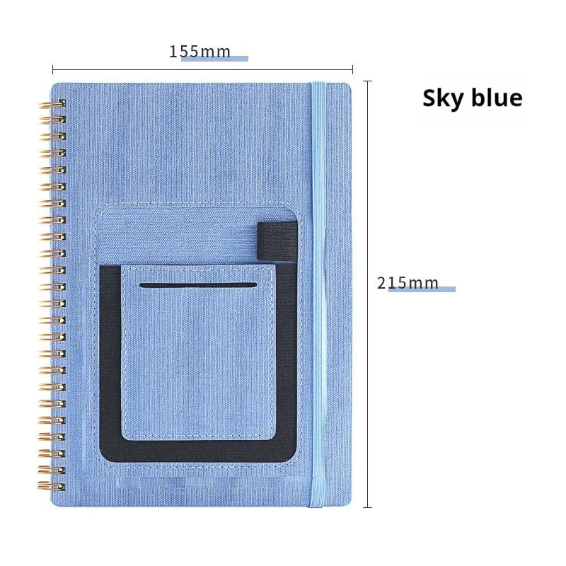 Erasable coil notebook with customisable cover options, shown with dedicated pen on stone paper.