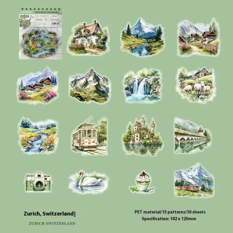 Architecture journal sticker set with six retro landmark designs including Paris Arc de Triomphe and London Big Ben