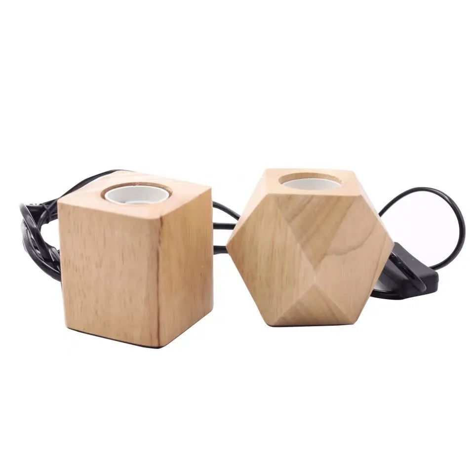 Retro wooden lamp holder in square and diamond shapes, 75mm by 80mm, with switch options.