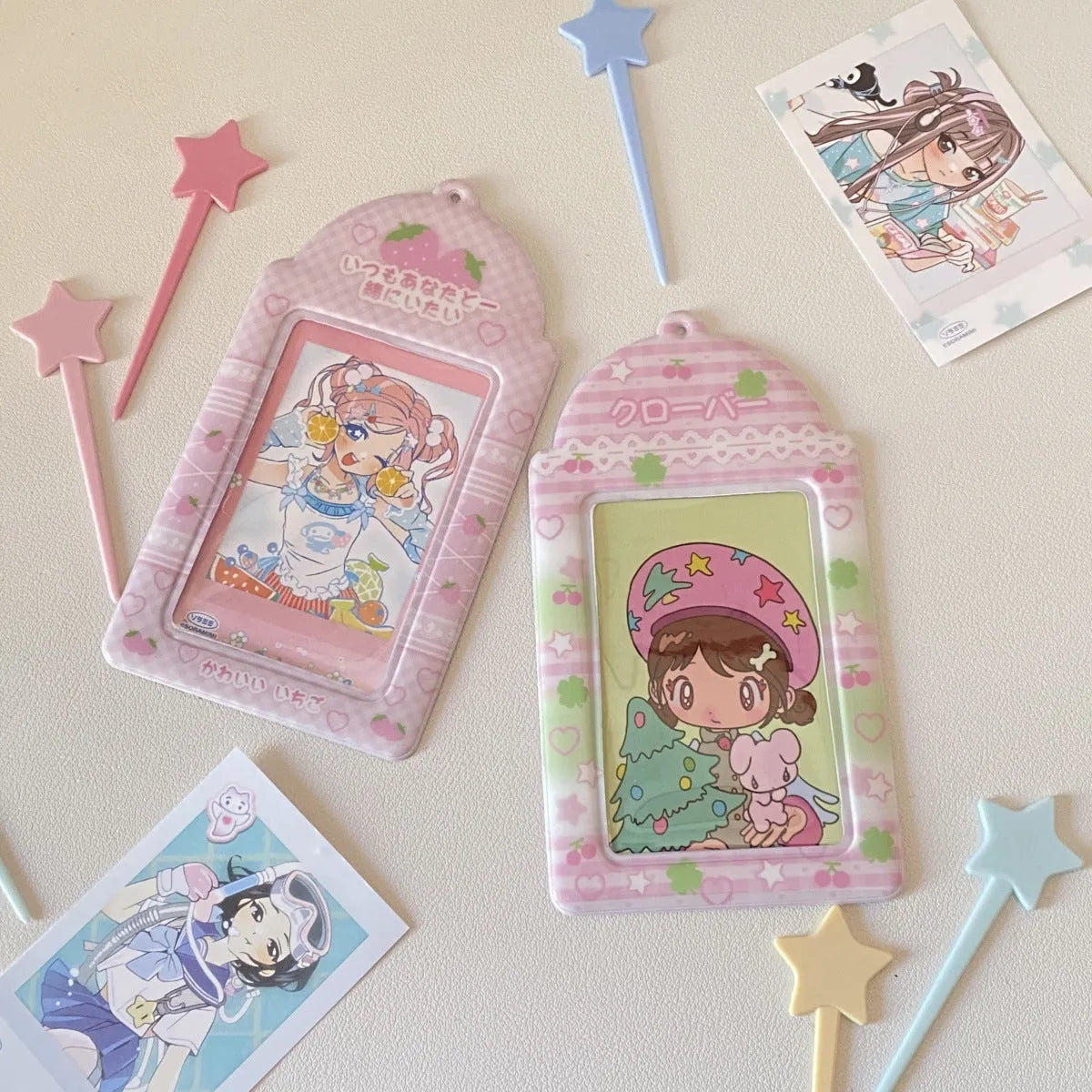Cartoon strawberry design PVC card holder pendant with clear display pocket for lanyards.