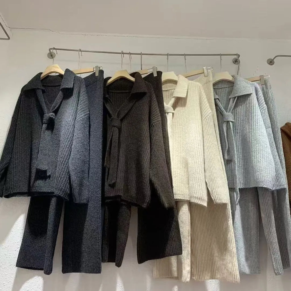 Imitation cashmere sweater suit two-piece set in four colours with long sleeves and trousers