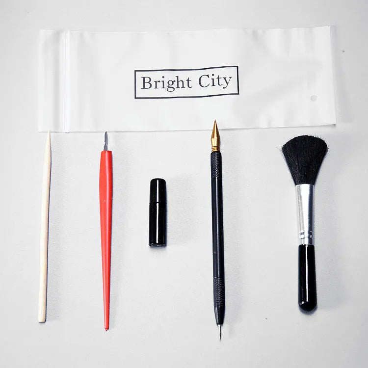 Scratch art tool kit with scraper pen, brush, repair solution and bamboo sticks for craft projects