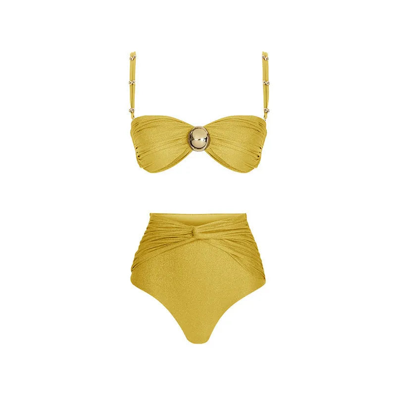 Yellow split bikini and green one-piece swimsuit with high waist design