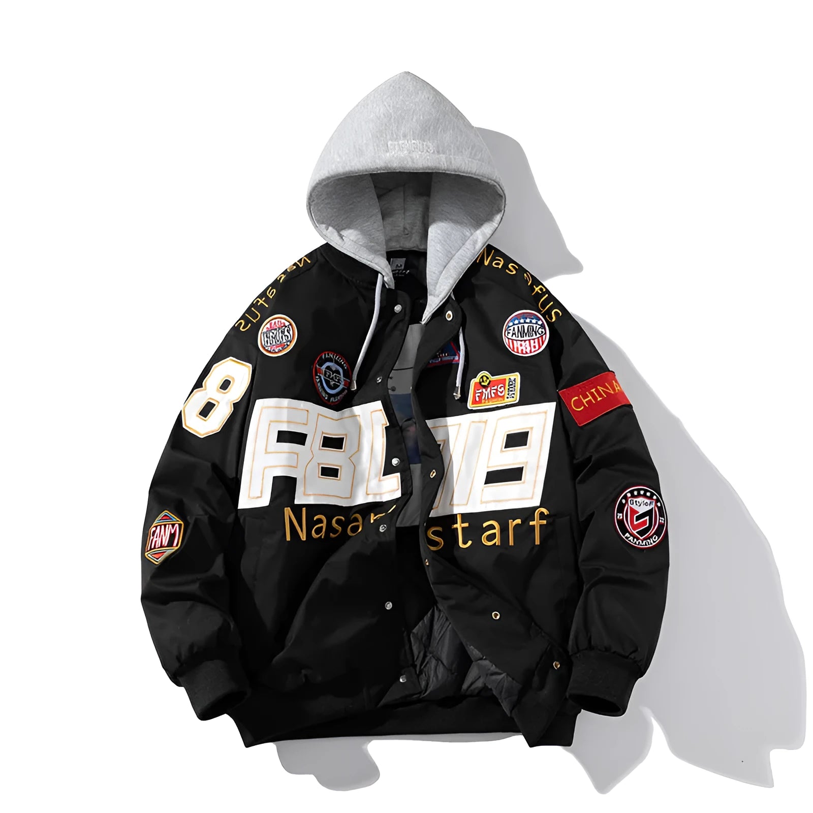 American motorcycle baseball uniform in black, blue, or red with removable hood and side pocket
