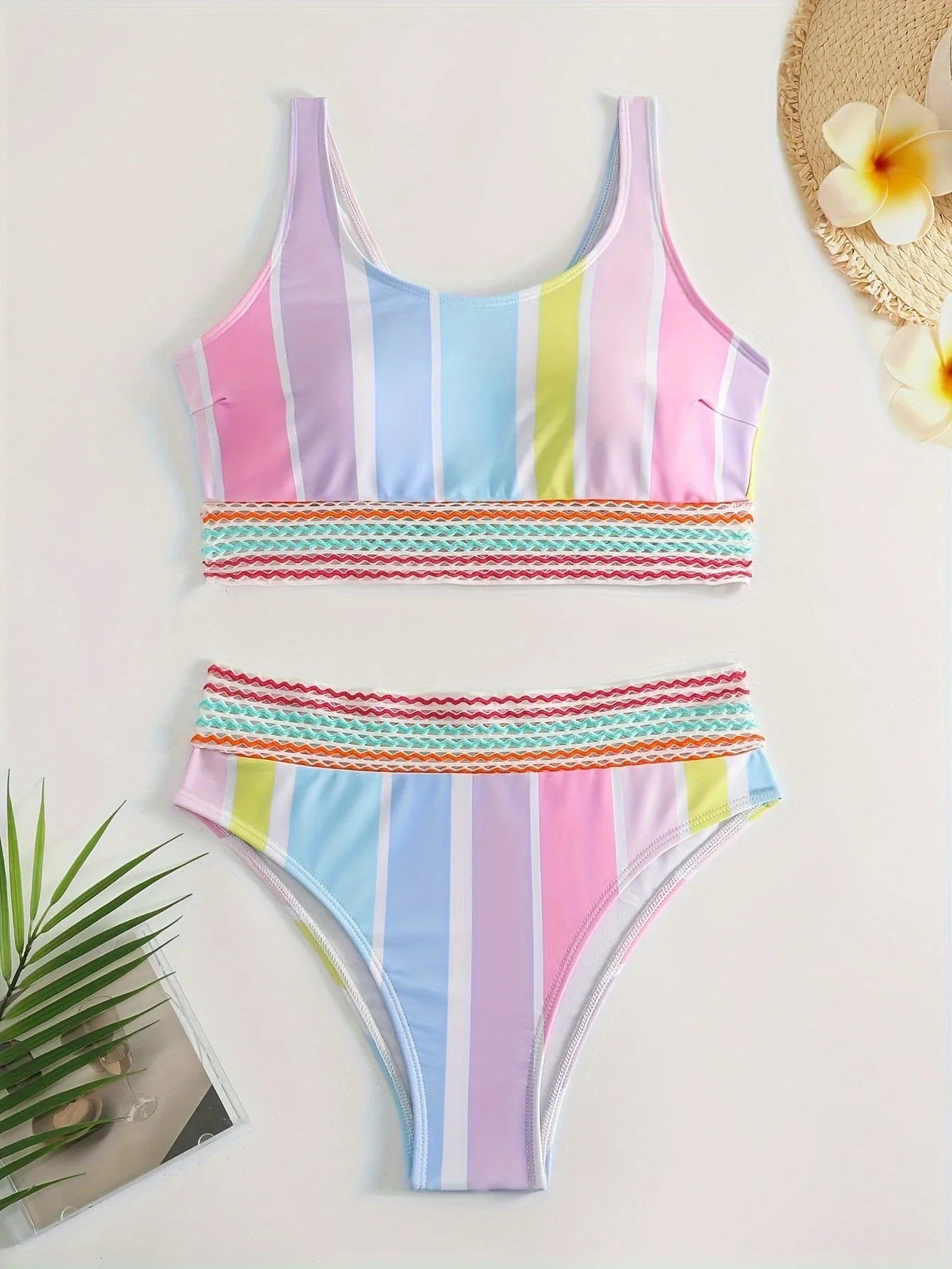 Women's striped bikini swimwear set with briefs bottoms in picture colour