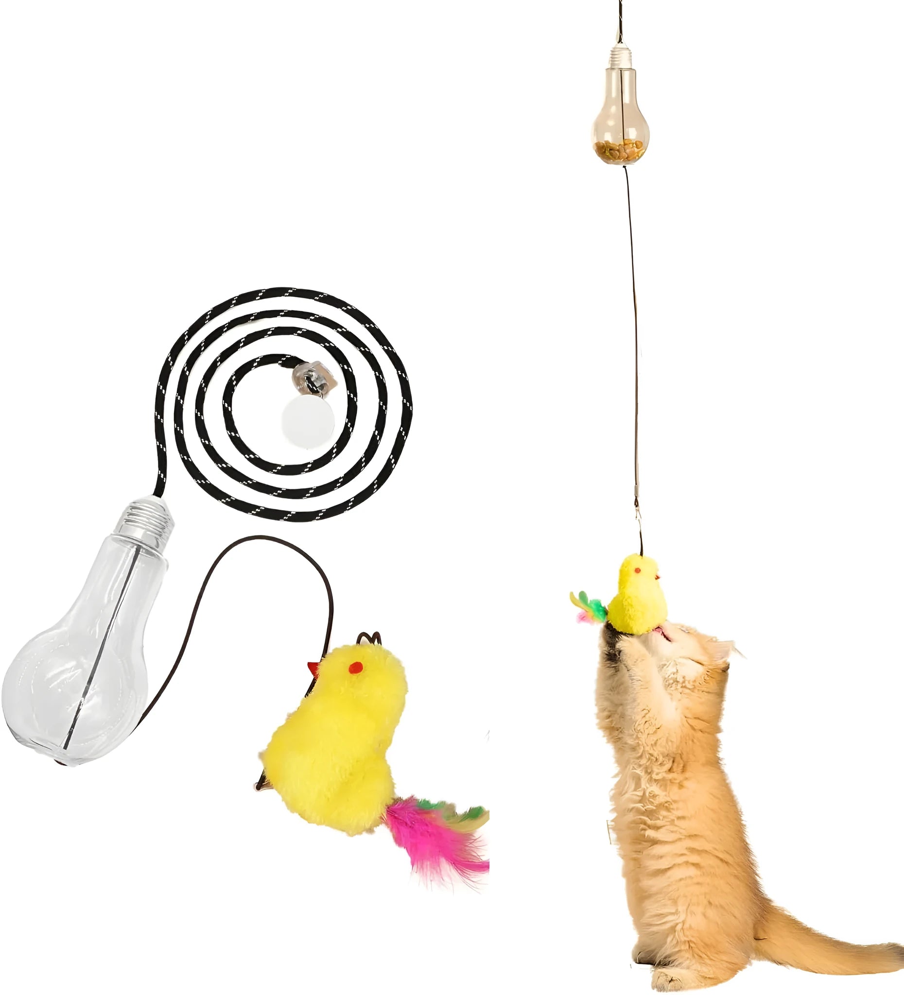Grey and yellow interactive cat toy with dangling mouse, elastic rope, and treat dispenser for door frames