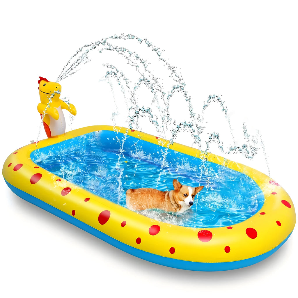 Blue dinosaur and shark inflatable water spray pool with spray feature in garden setting