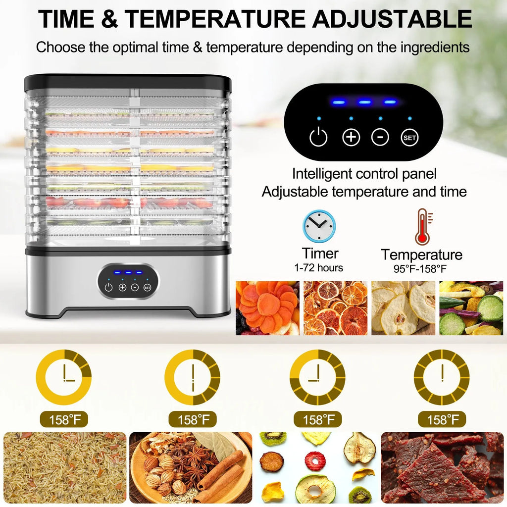 Silver household food dehydrator with eight stainless steel drying trays and digital control panel