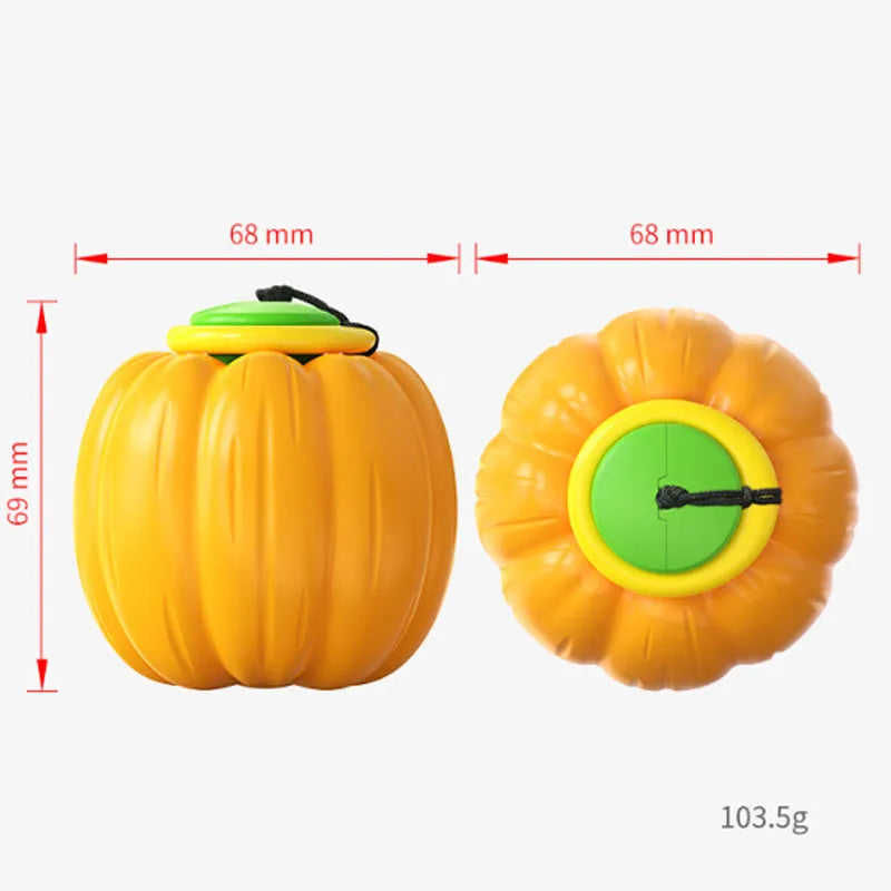 Orange pumpkin-shaped dog chew ball with squeaker for small dogs, measuring 69mm diameter