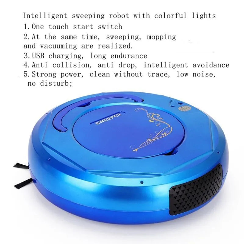 Lazy Smart floor sweeping robot vacuum cleaner in black, blue, or white on hard wood flooring