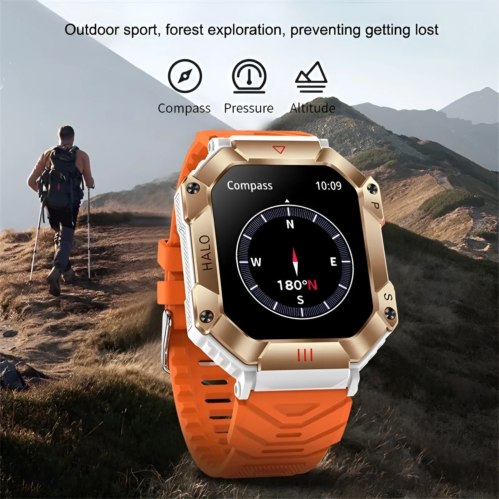 Android GPS smart watch with titanium alloy case showing multiple strap options including camouflage, leather and steel styles.