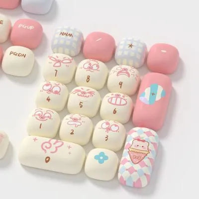 Sublimation printed Pig Party theme mechanical keyboard keycap set showing colourful cartoon pig designs on keycaps.