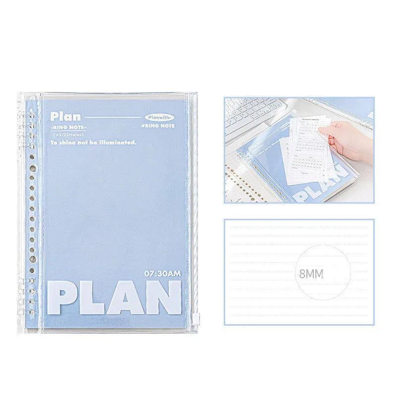 A5 spiral notebook with transparent PVC cover in blue, showing loose pages inside, next to a white version.