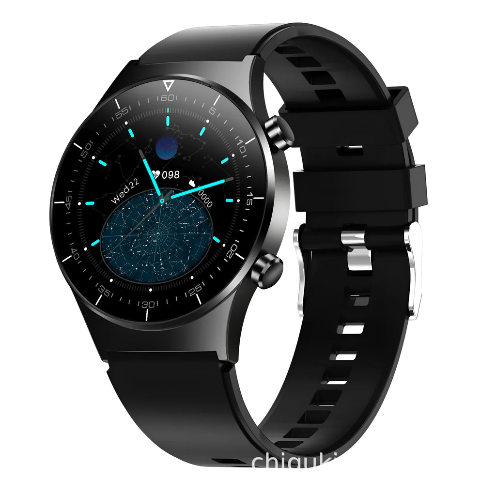 Black smart watch with TPU wristband showing heart rate monitoring display on 1.28-inch touchscreen