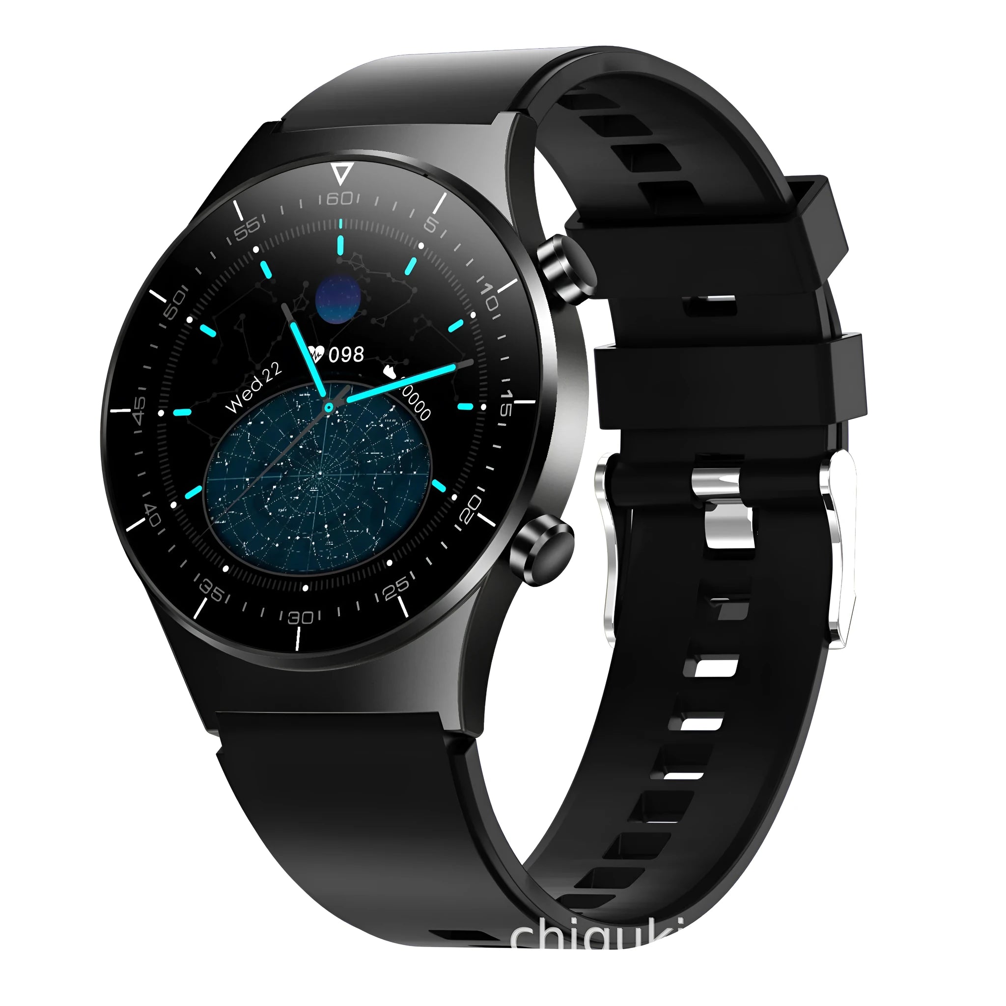 Black smart watch with TPU wristband showing heart rate monitoring display on 1.28-inch touchscreen