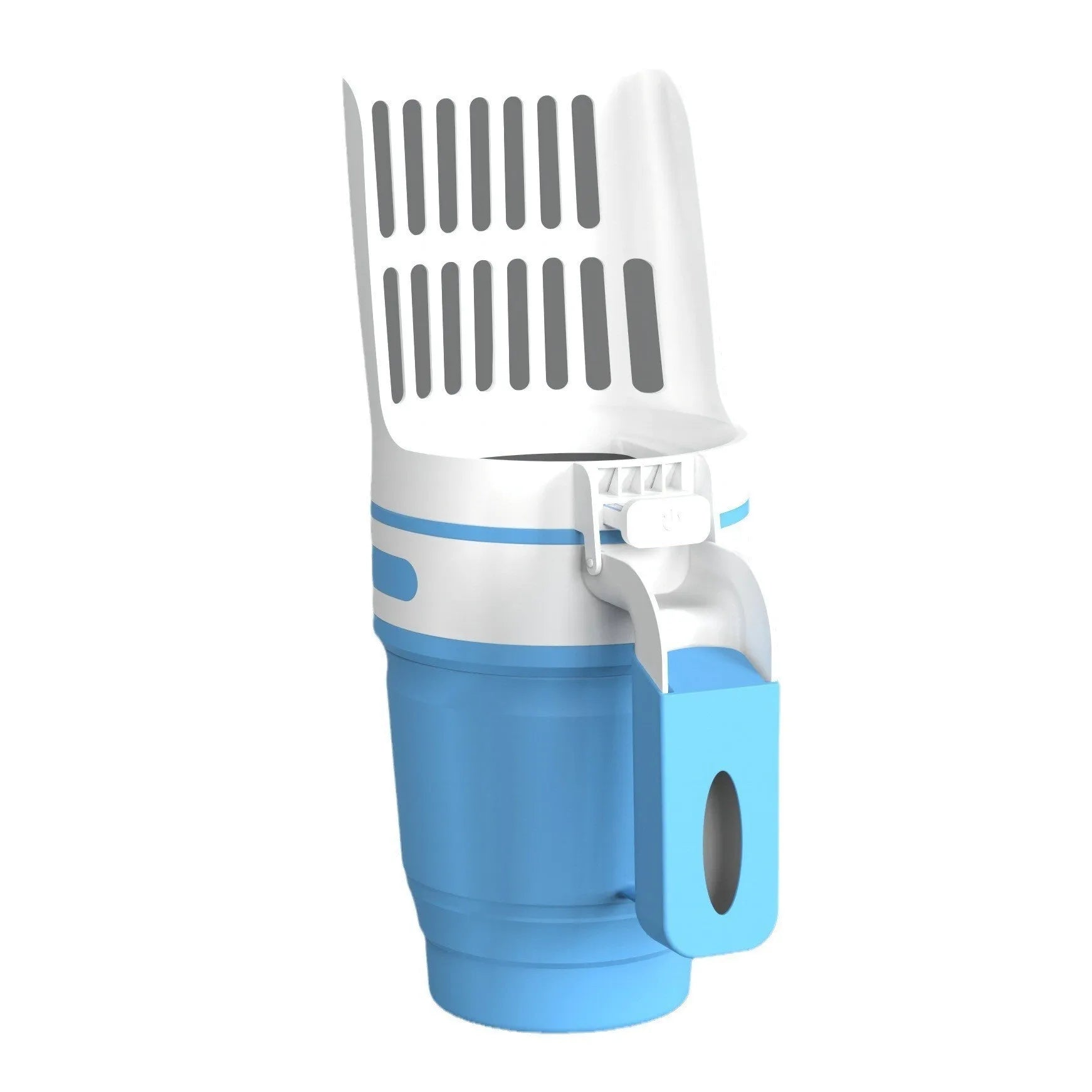 Grey blue green foldable cat litter scooper with waste bin system showing 2-in-1 design