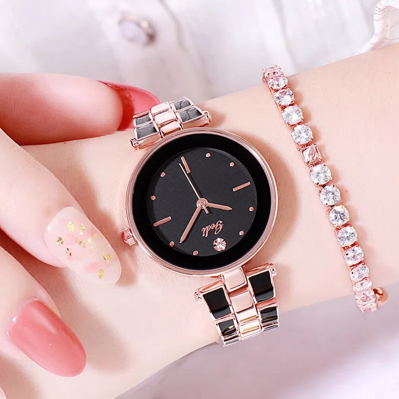 Round white dial ladies quartz watch with stainless steel strap and rose gold accents