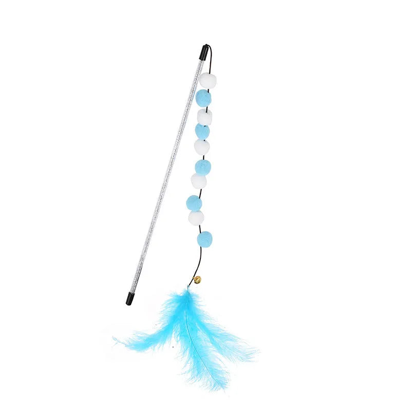 31cm long acrylic cat teaser toy rod with bell and pompon feather attachment in choice of colours