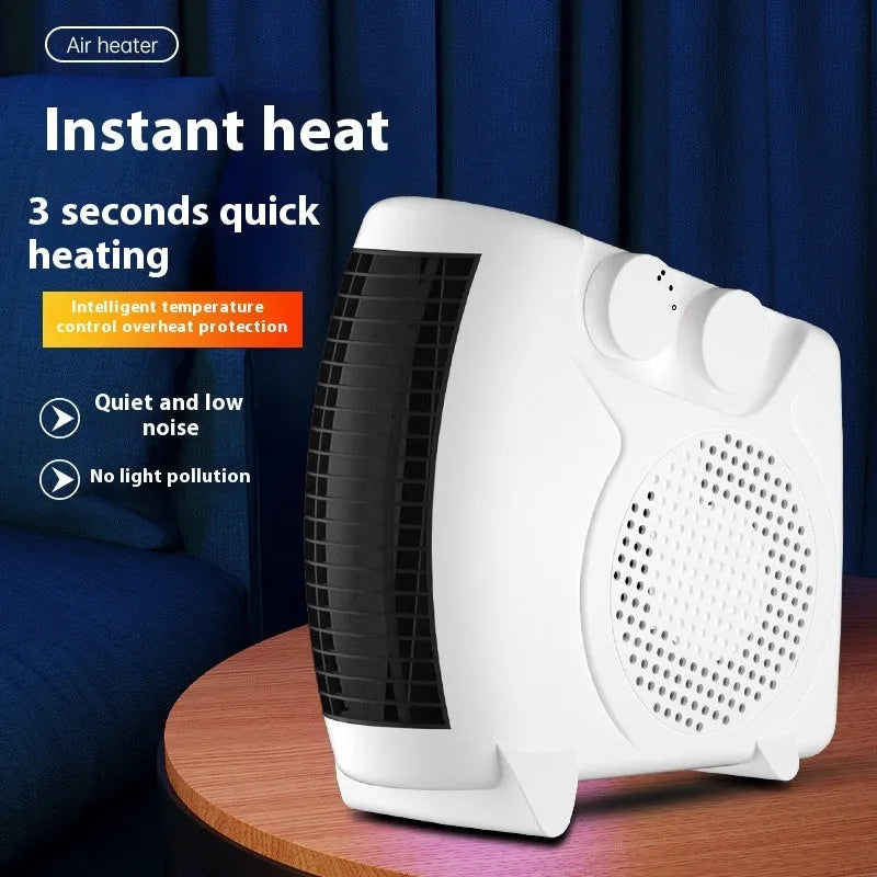 White compact ceramic electric heater on desktop with adjustable power settings and quiet operation