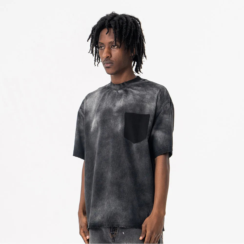 Men's black loose fit cotton t-shirt with drop-shoulder sleeves and printed letter design