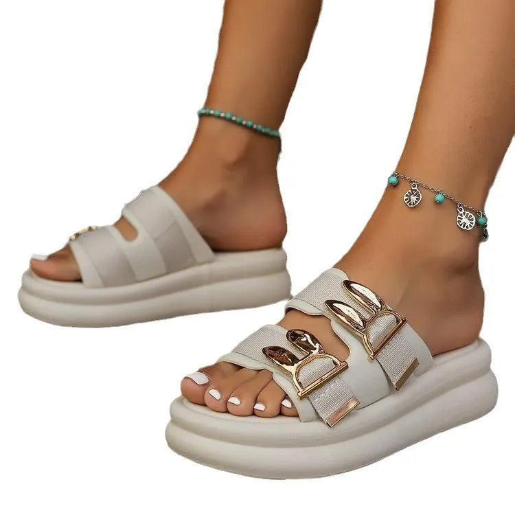 Women's thick sole slippers in apricot colour with suede uppers and rubber soles