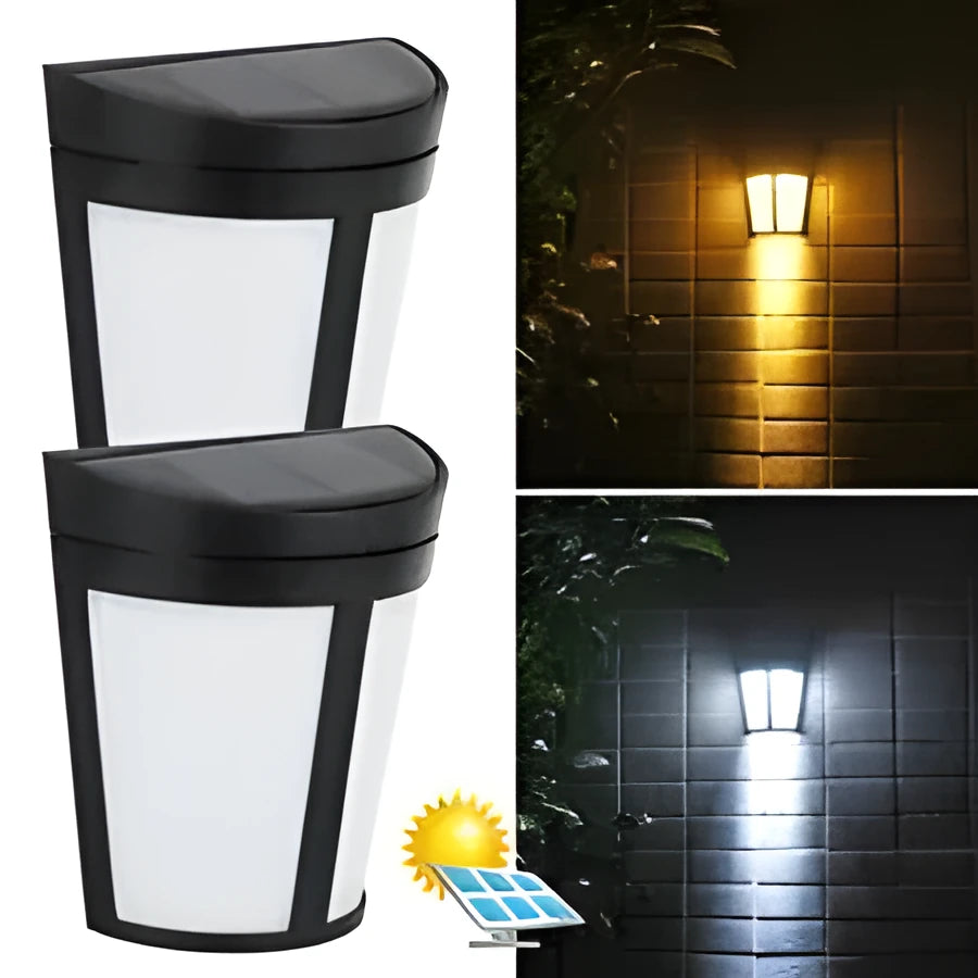 Solar-powered outdoor wall lamp with LED lights and sensor control for garden and courtyard illumination