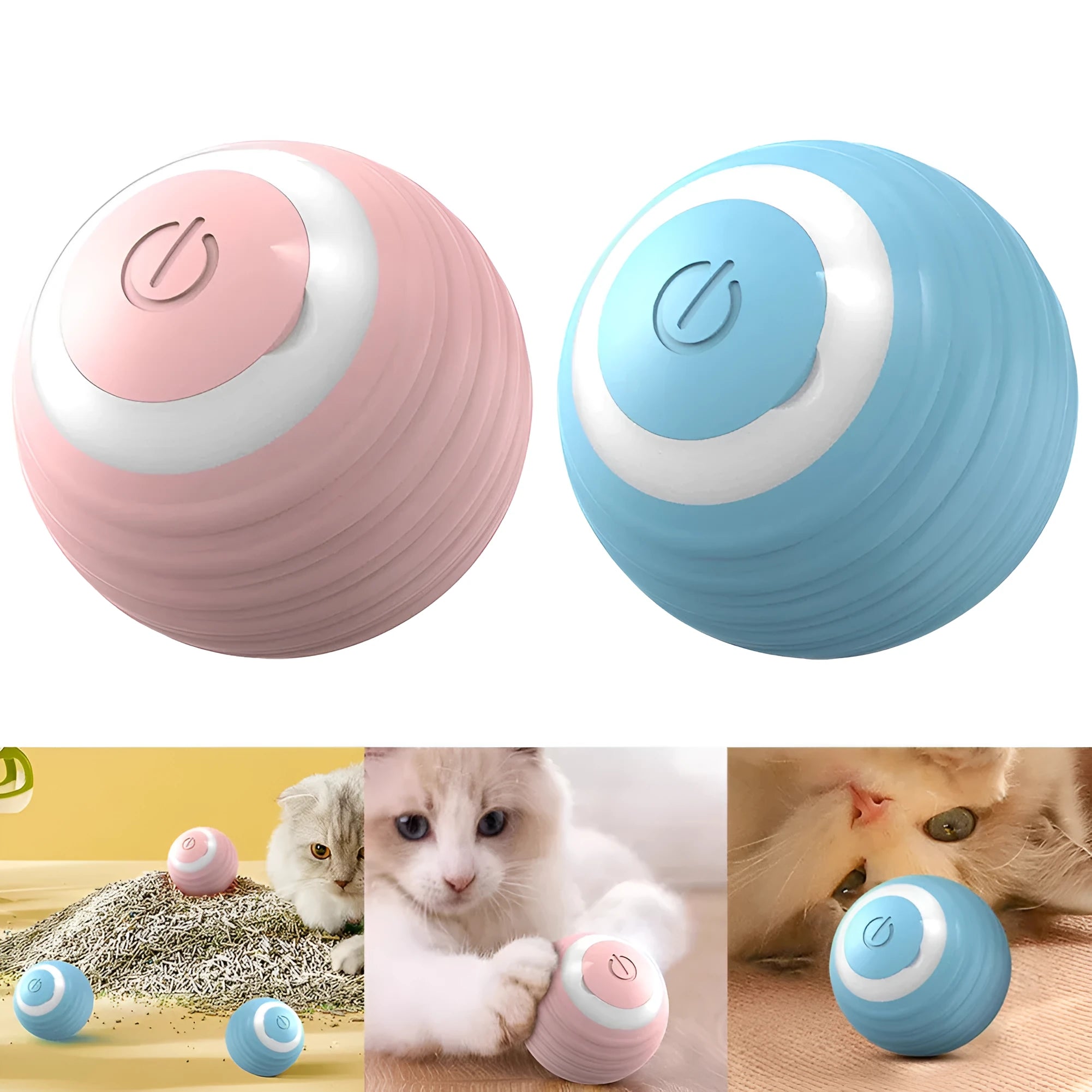 Blue automatic moving ball cat toy with charging cable on flat surface