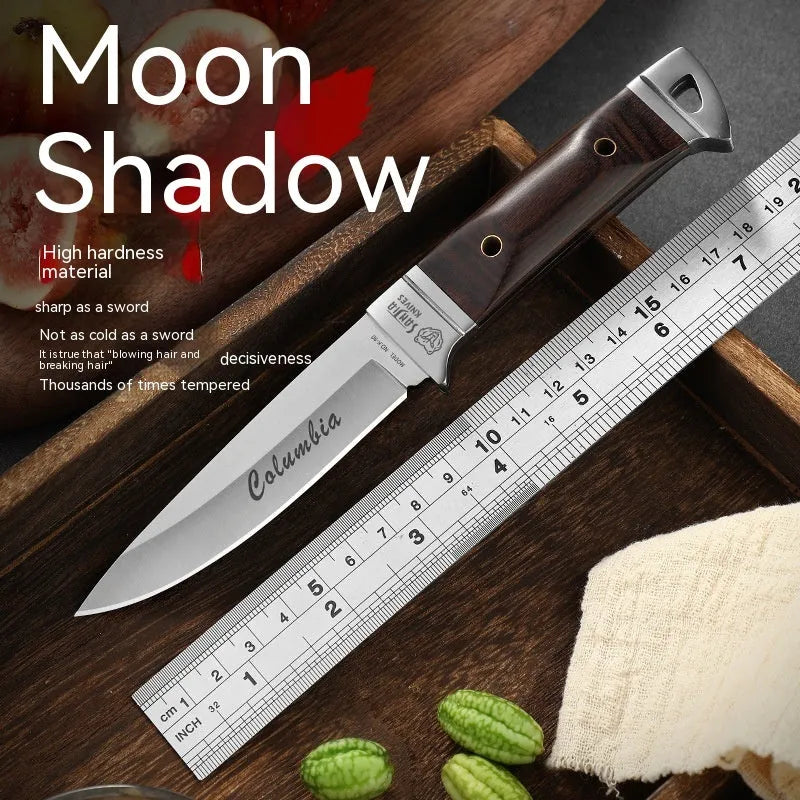 Camping stainless steel fruit knife with leather case showing one-piece keel forming and national style design.