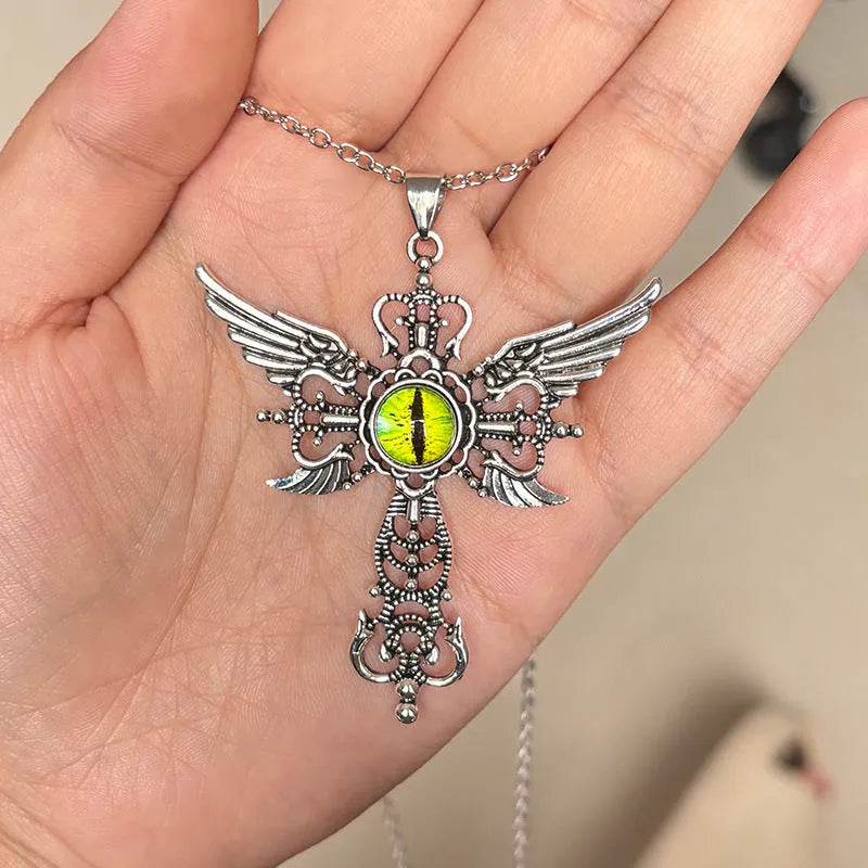 Alloy devil wings and cross geometric pendant necklace in five colour options.