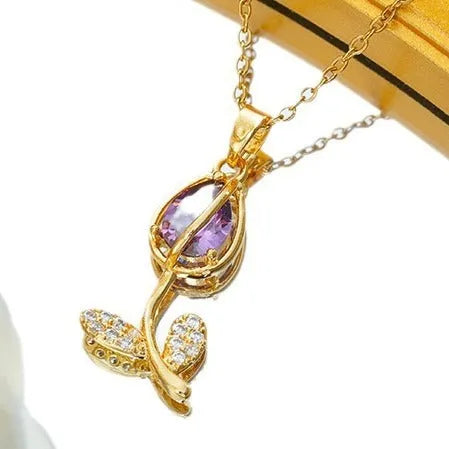 Zircon tulip necklace for women with floral pendant on adjustable titanium steel chain