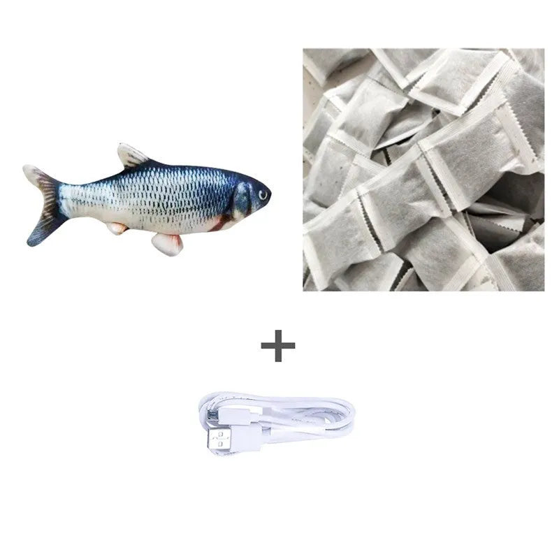 Multicolour 30cm long electronic jumping fish cat toy with USB cable.