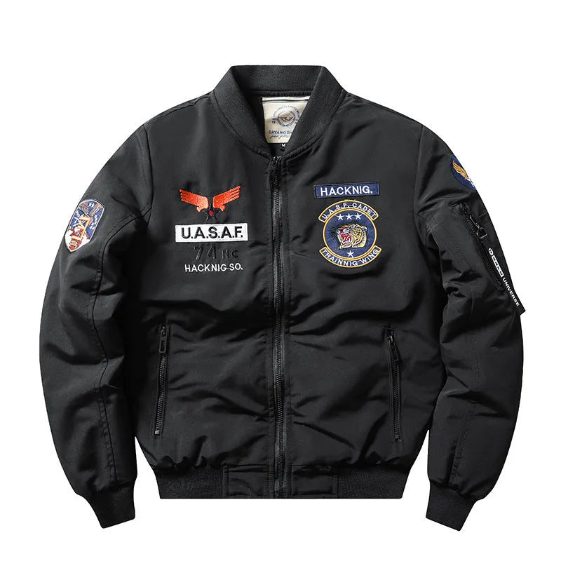 Men's slim-fit Harley motorcycle embroidered cotton-padded coat in blue with stand collar and patch pockets