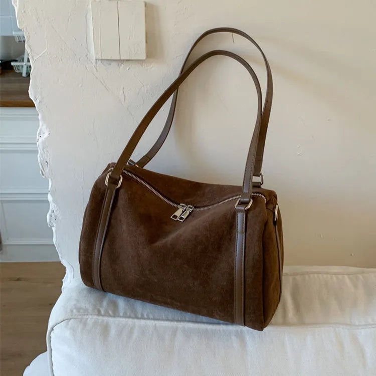 Women's suede crossbody bag in brown with large capacity and retro horizontal square shape