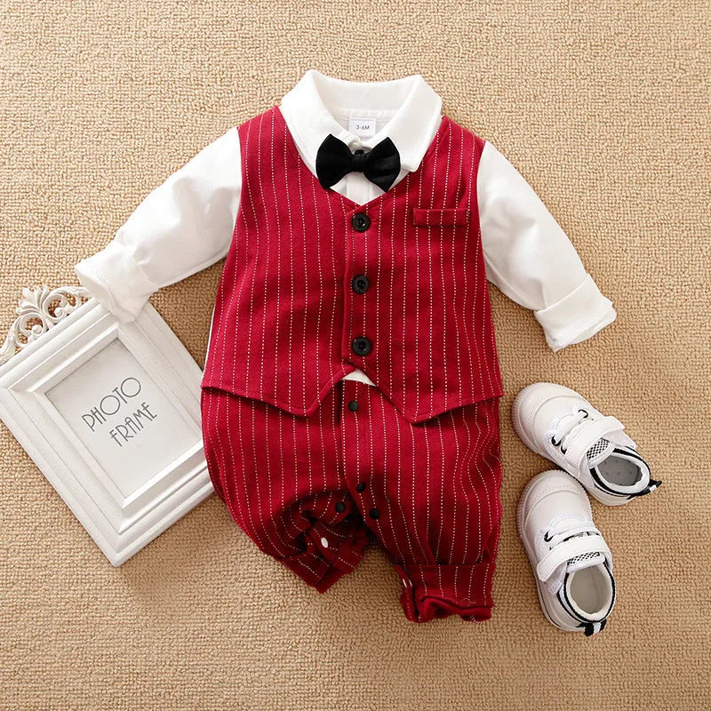 Wine red cotton baby boy romper with long sleeves and single-breasted gentleman style